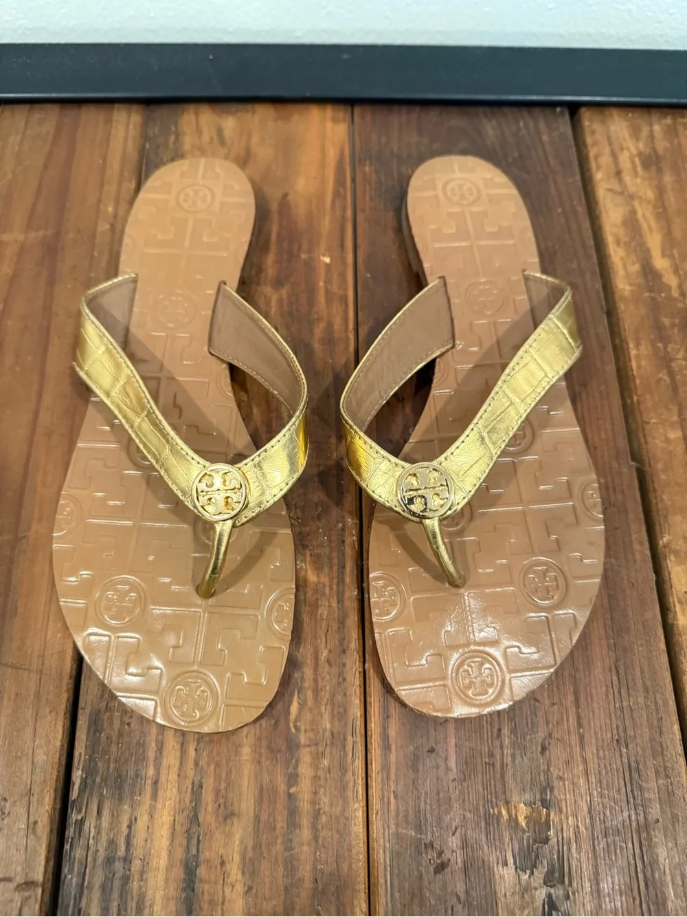 Tory Burch Gold Metallic Logo Thong Sandals